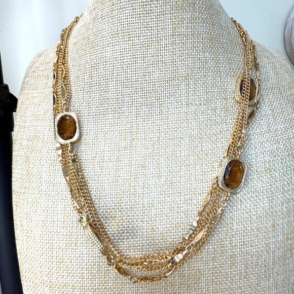 Vintage Sarah Coventry Gold-Tone Multi-Strand Necklace W/ Brown Glass Stones 30" - Picture 2 of 11